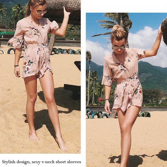 Flirty Floral Romper in Mocha - Belted - Floral California Romper - Picture 5 of 14